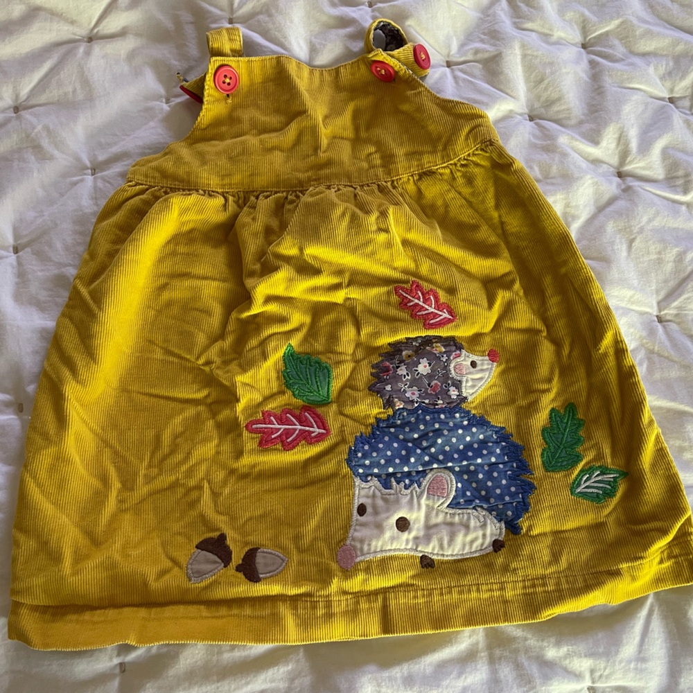 Baby Boden Yellow Corduroy Dress with Hedgehog Appliqué